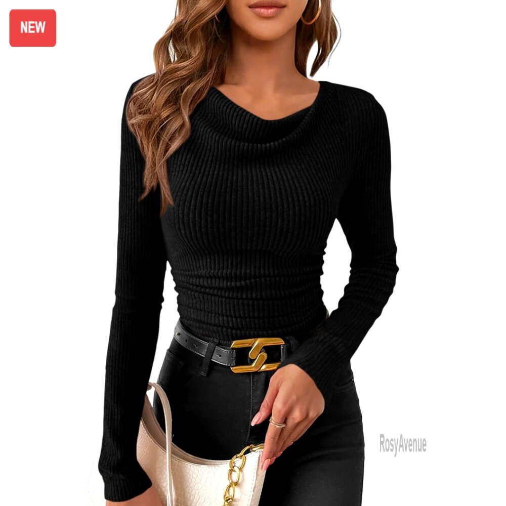Long Sleeve Cowl Neck Ribbed Knit Crop Top Slim Fit Ruched Tee
